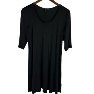 Eileen Fisher Black Stretch Silk Elbow Sleeve Tunic Dress L Minimalist Capsule